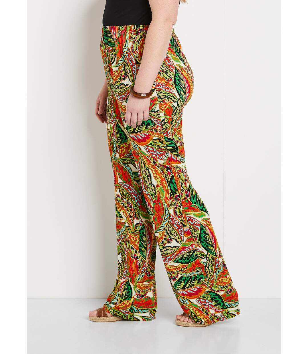 Pantalon ceinture élastiquée motif feuillage-3