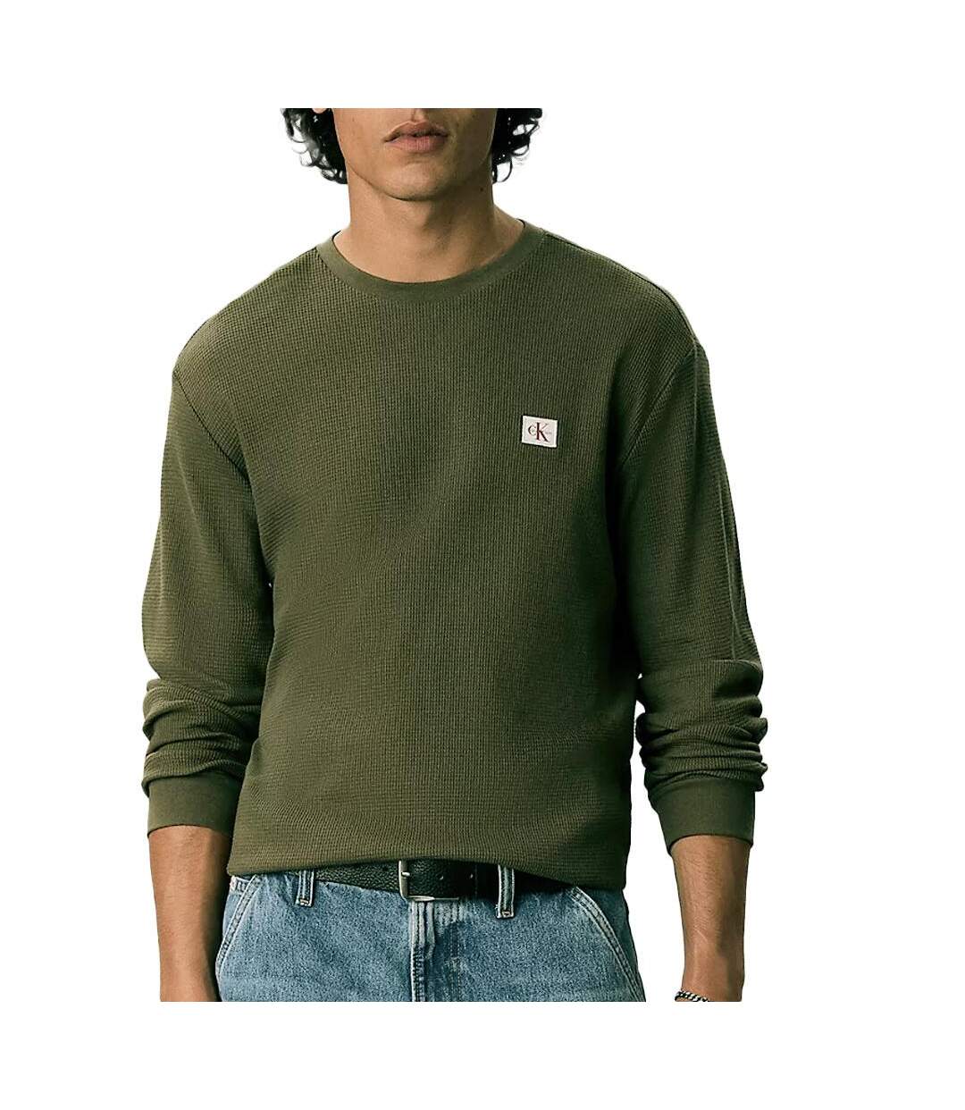 Sweat vert homme calvin klein jeans waffle badgeses-1