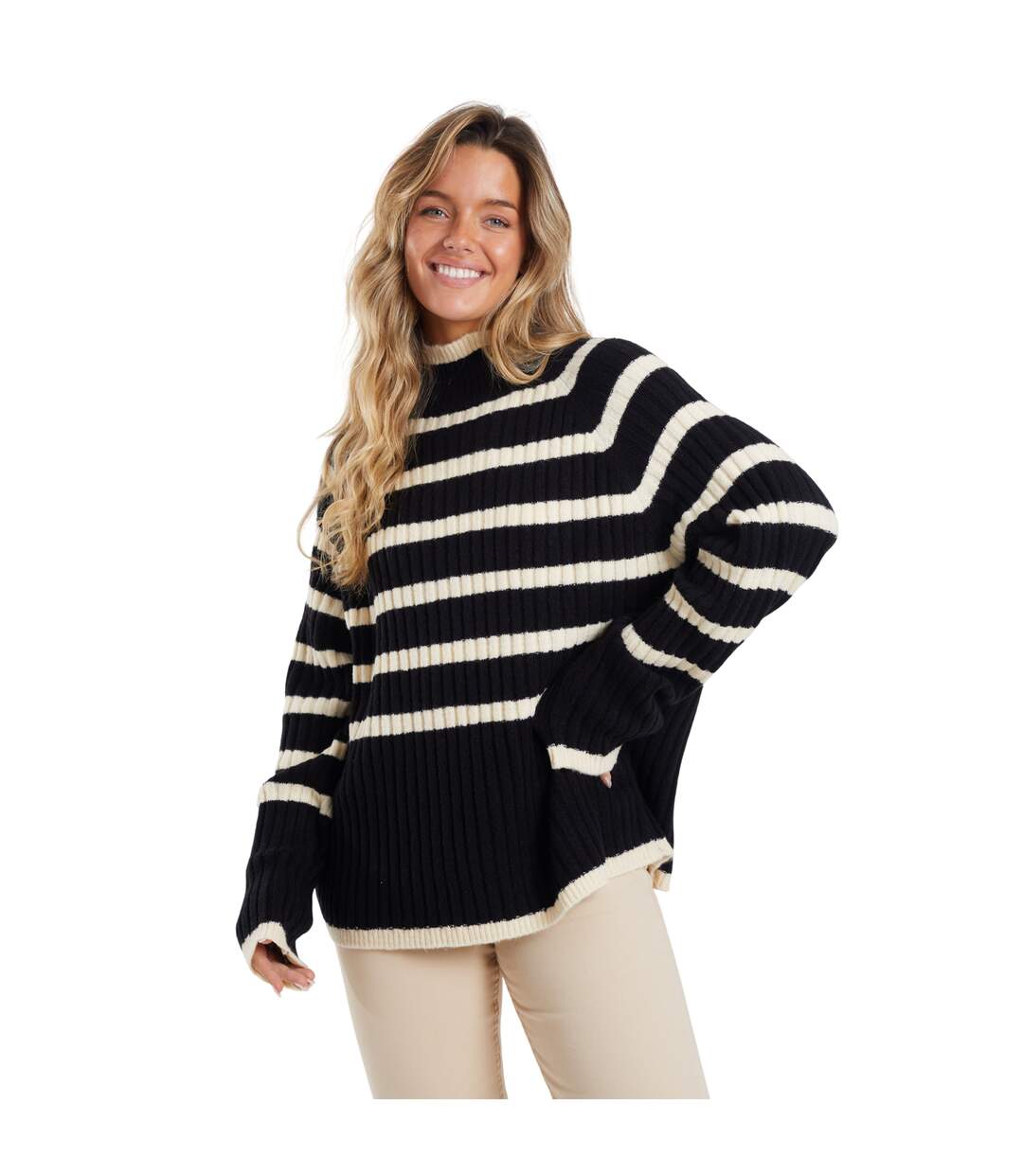 Womens/ladies Striped Mossy Yarn Jumper Black Cream Brave Soul-2