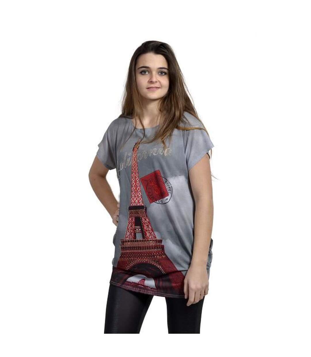 Tee shirt femme avec motif tunique de couleur gris-1