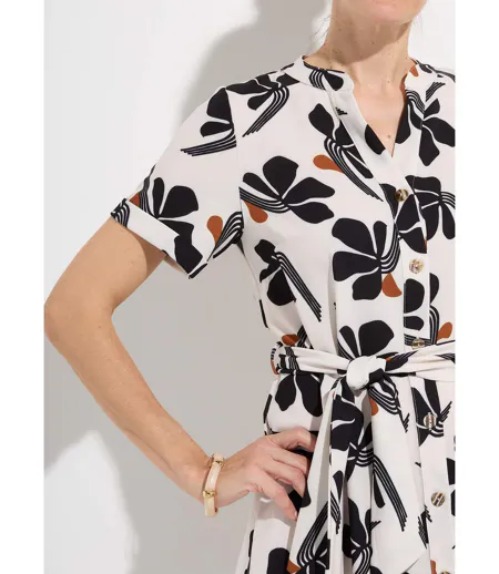 Robe-chemisier mi-longue ceinturée imprimée