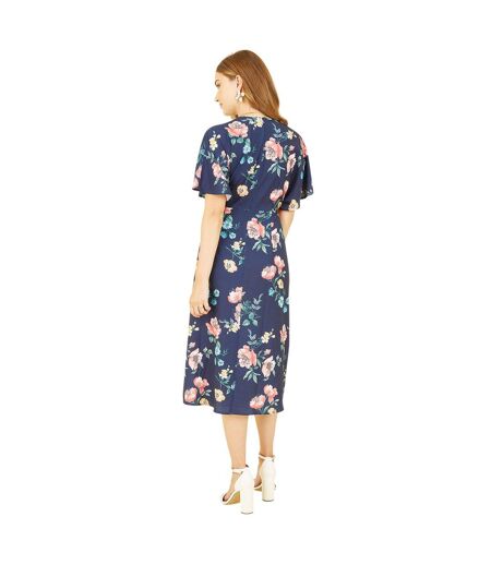 Robe Portefeuille Manches Style Kimono Motif/style Floral Femme Bleu Marine Yumi