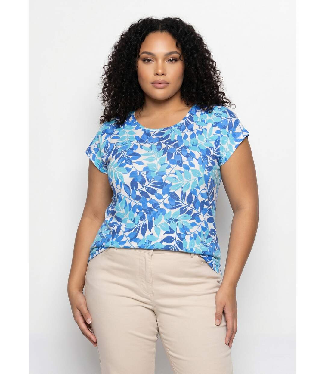 T-shirt manches courtes imprimé feuillage col rond-1