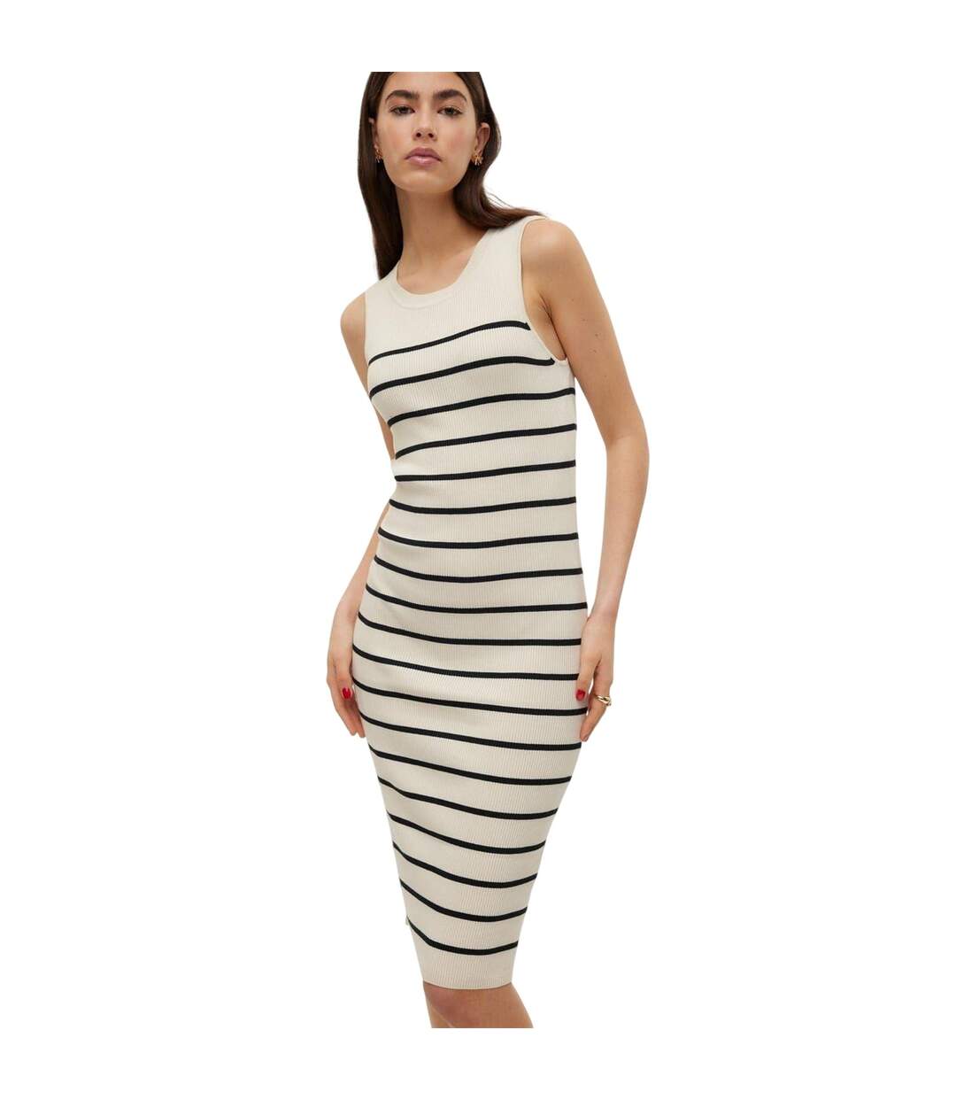 Robe Moulante Sans Manches Motif/style À Rayures Femme Beige Pâle Vero Moda-4