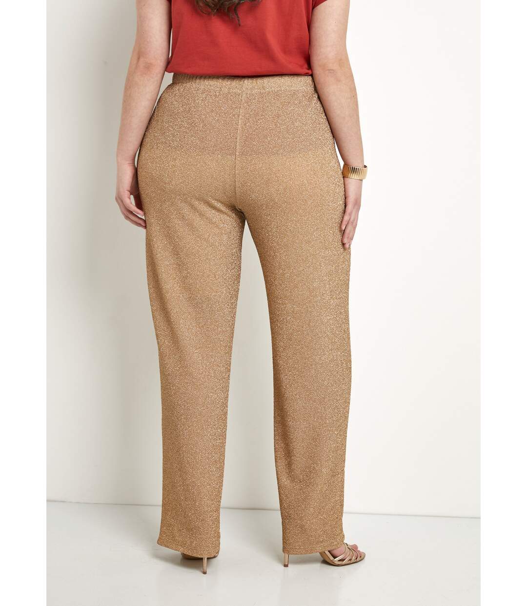 Pantalon large brillant doré ceinture élastiquée-2