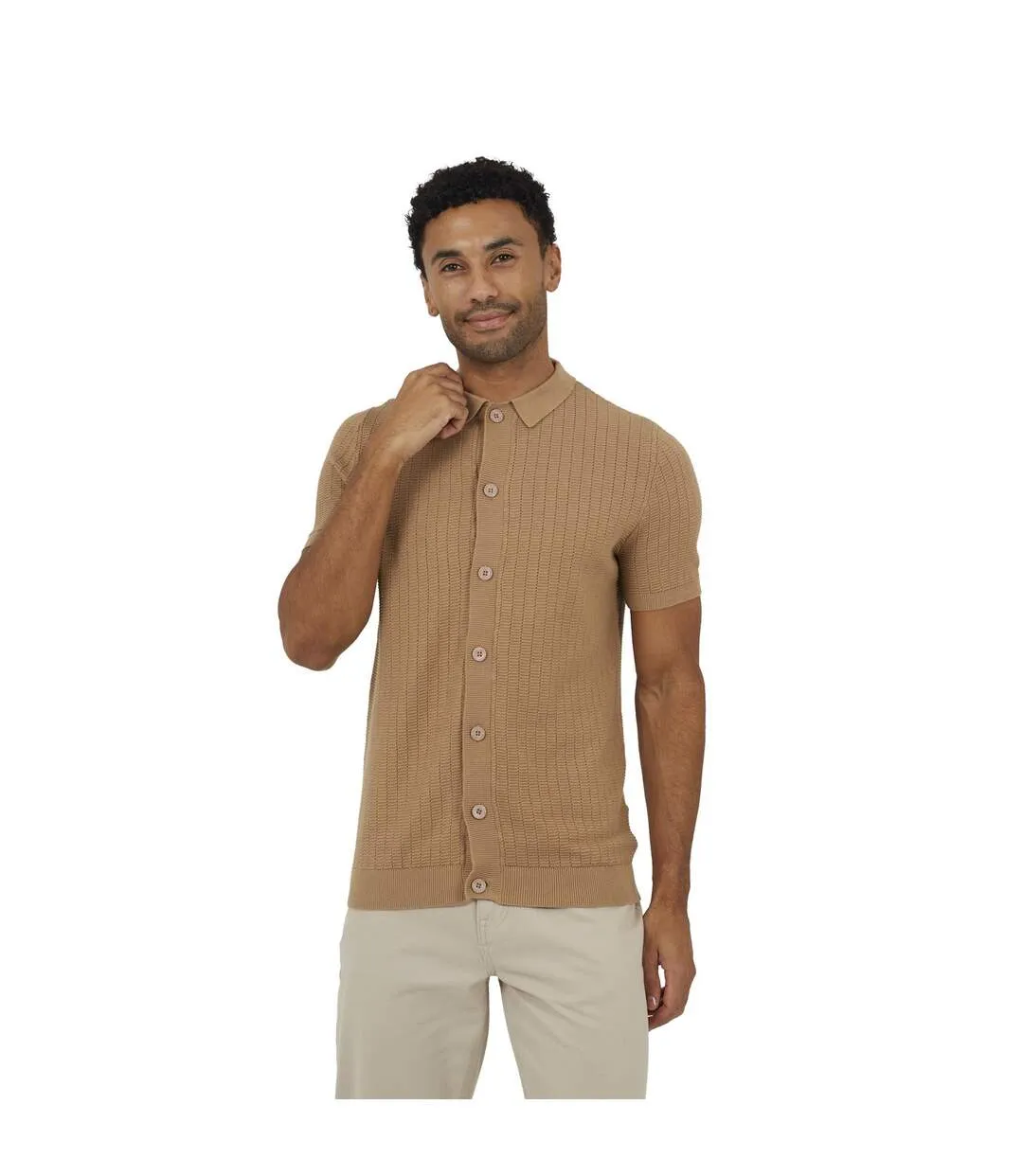 Mens Cotton Button-down Short-sleeved Polo Shirt Tan Brave Soul-2