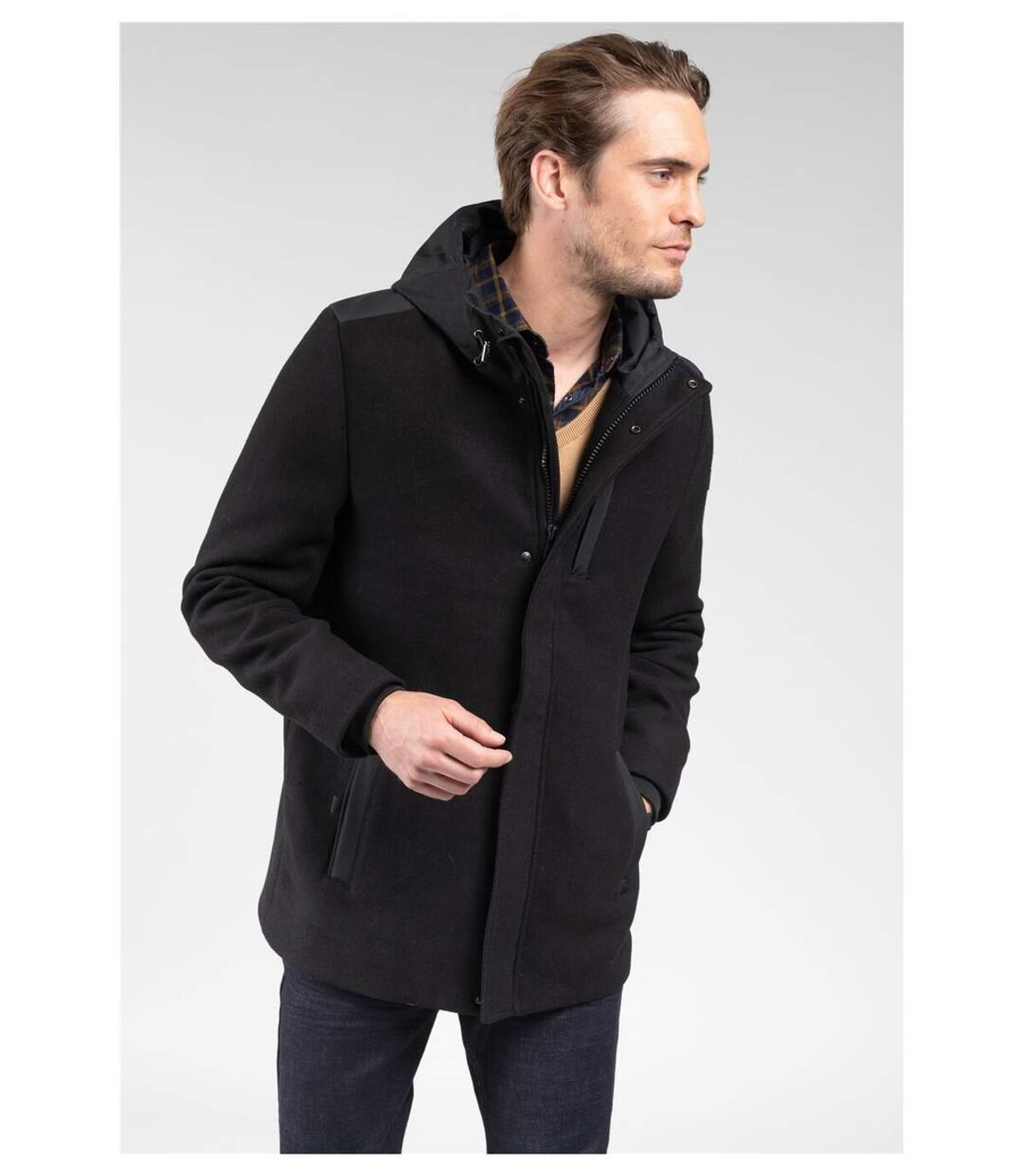Manteau en laine à capuche CONTINU Black