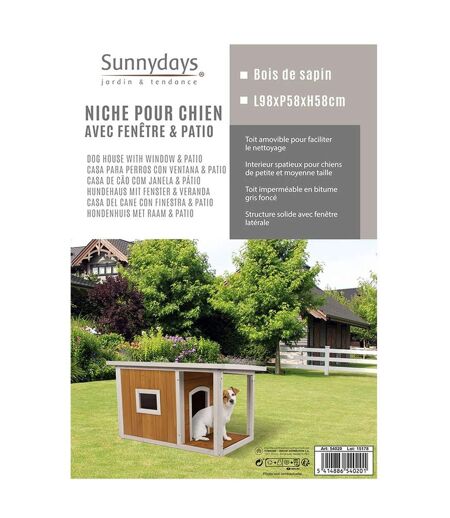 Niche pour chien Lucky avec patio et fenêtre en bois naturel