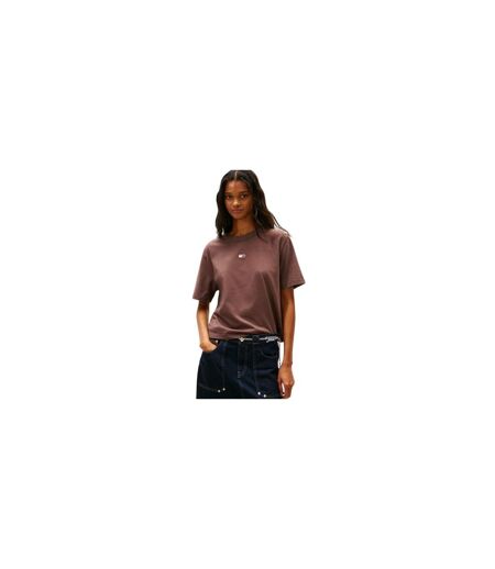 Womens/ladies Embroidered Logo Cotton Cropped T-shirt Black Walnut Tommy Jeans