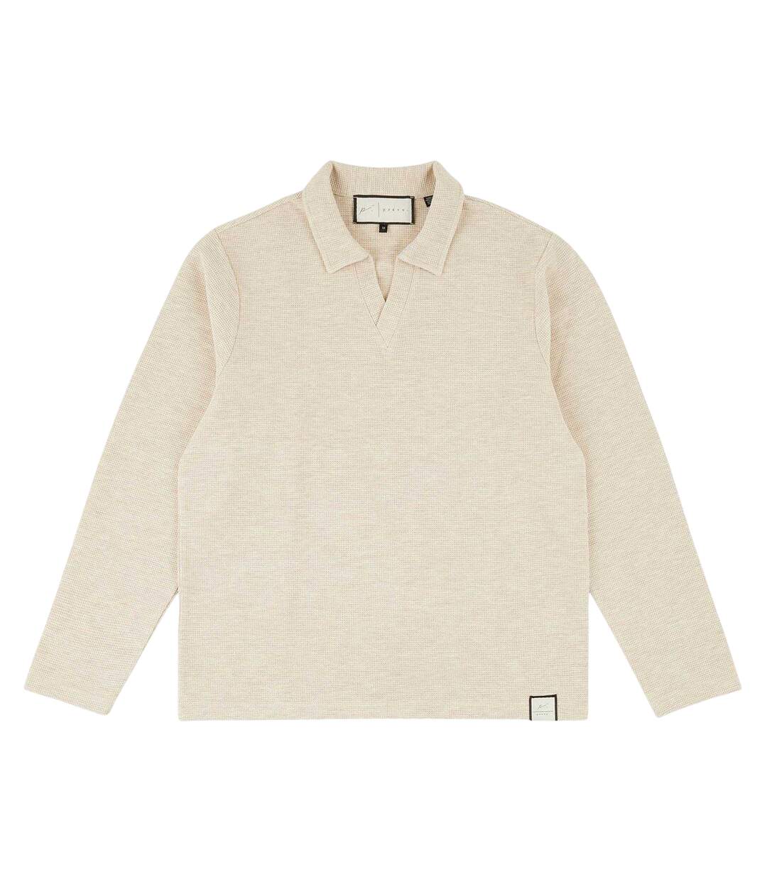 Mens Altius Waffle Long-sleeved Polo Shirt Ecru Prevu-2