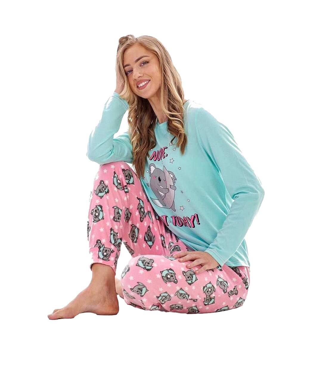Ensemble De Pyjama Long Motif/style Koala Not Today Femme Bleu Rose Keanu-3
