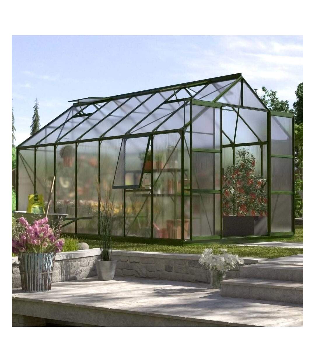 Serre de jardin en polycarbonate 6 mm et aluminium vert emeraude avec embase Jupiter Longueur de 258 cm