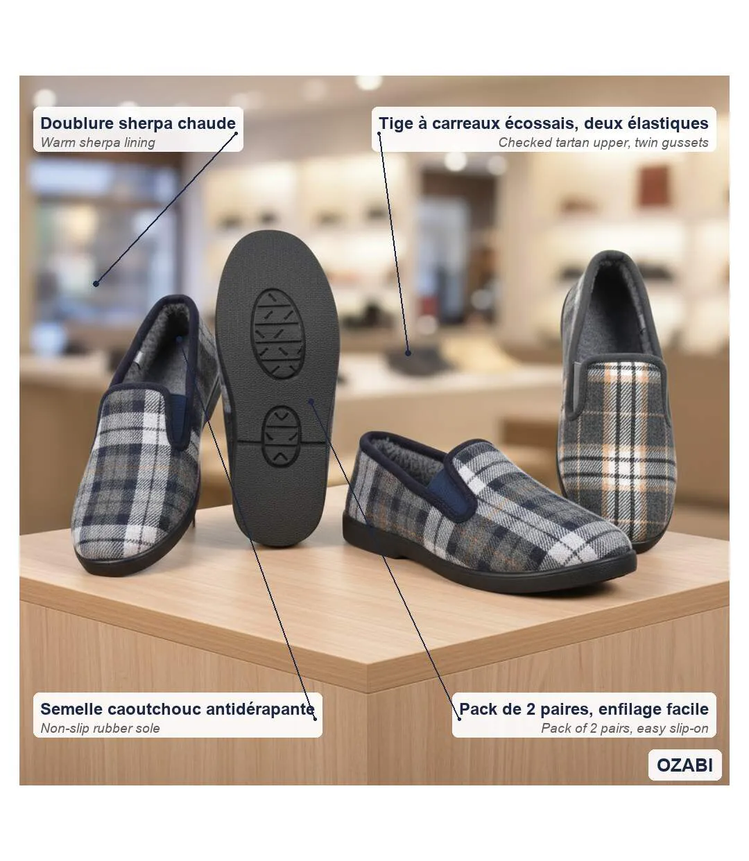 OZABI Pantoufles Charentaises Homme Pack de 2 Paires Semelle Antidérapante-5