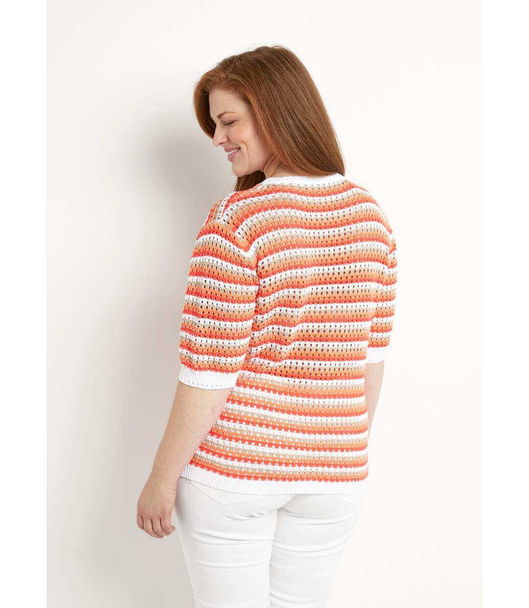 Pull doux rayé ajouré court manches courtes-2