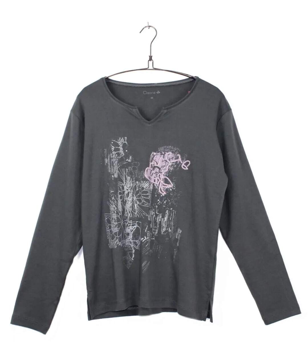 AXONE CHALON1G - Tee-shirt gris manches longues col V avec imprimé devant et fentes latérales-4