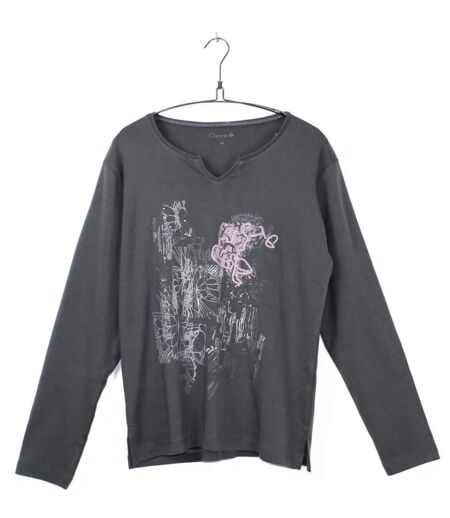 AXONE CHALON1G - Tee-shirt gris manches longues col V avec imprimé devant et fentes latérales