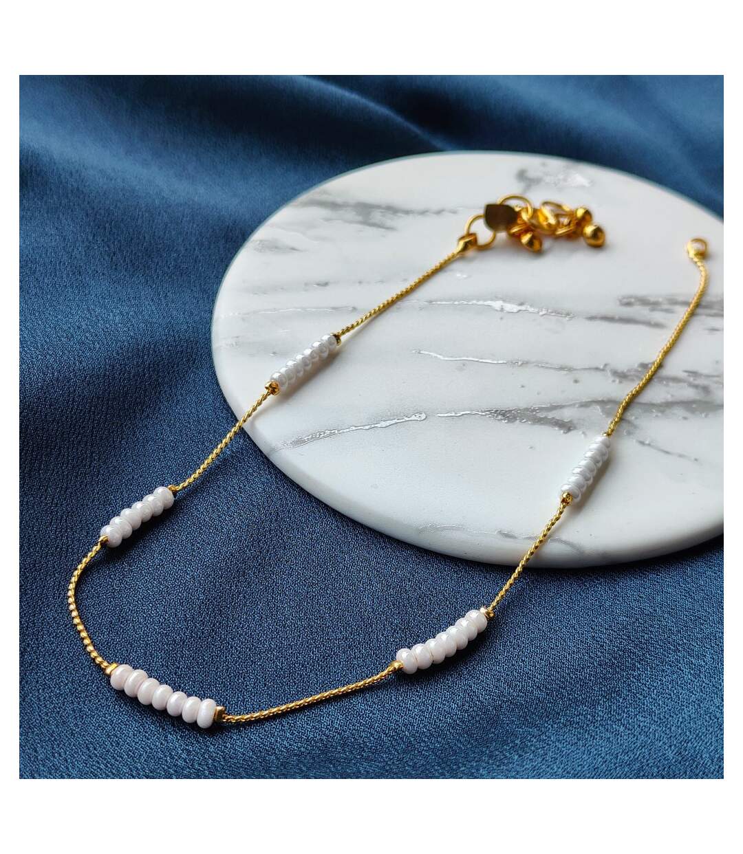 Golden Brass White Pearl Minimalist Thin Slim Foot Payal Anklet-1