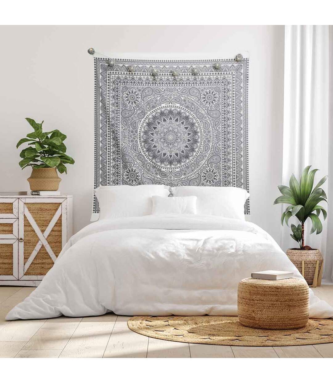 Tapisserie Murale Déco Mandala 150cm Gris-3
