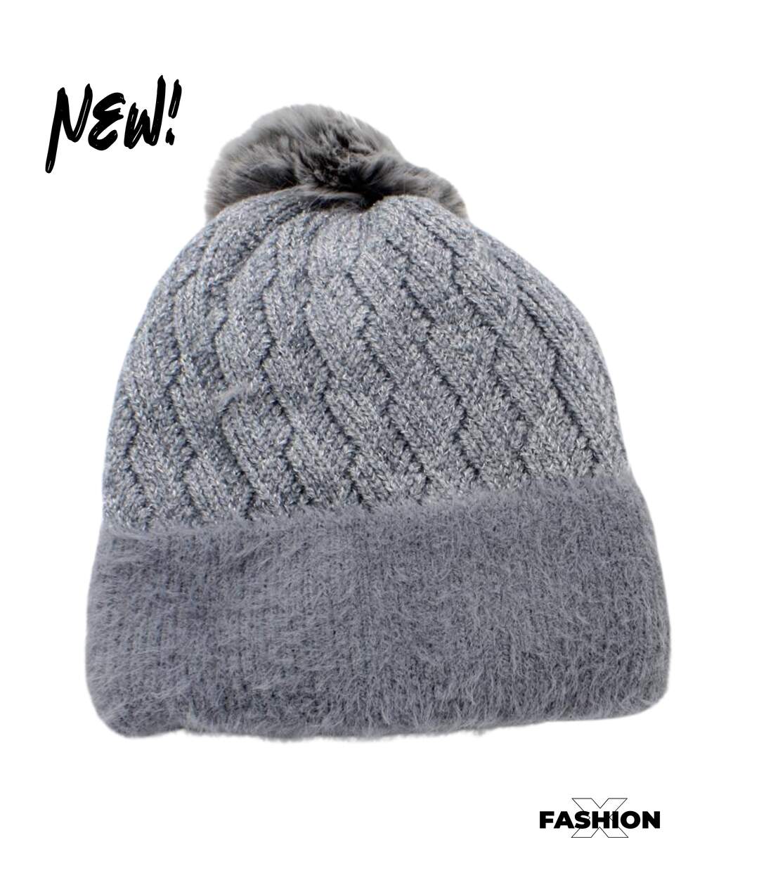 Bonnet femme avec pompon - 100% synthétique - Couleur gris