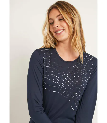 T-shirt uni droit court avec strass col rond