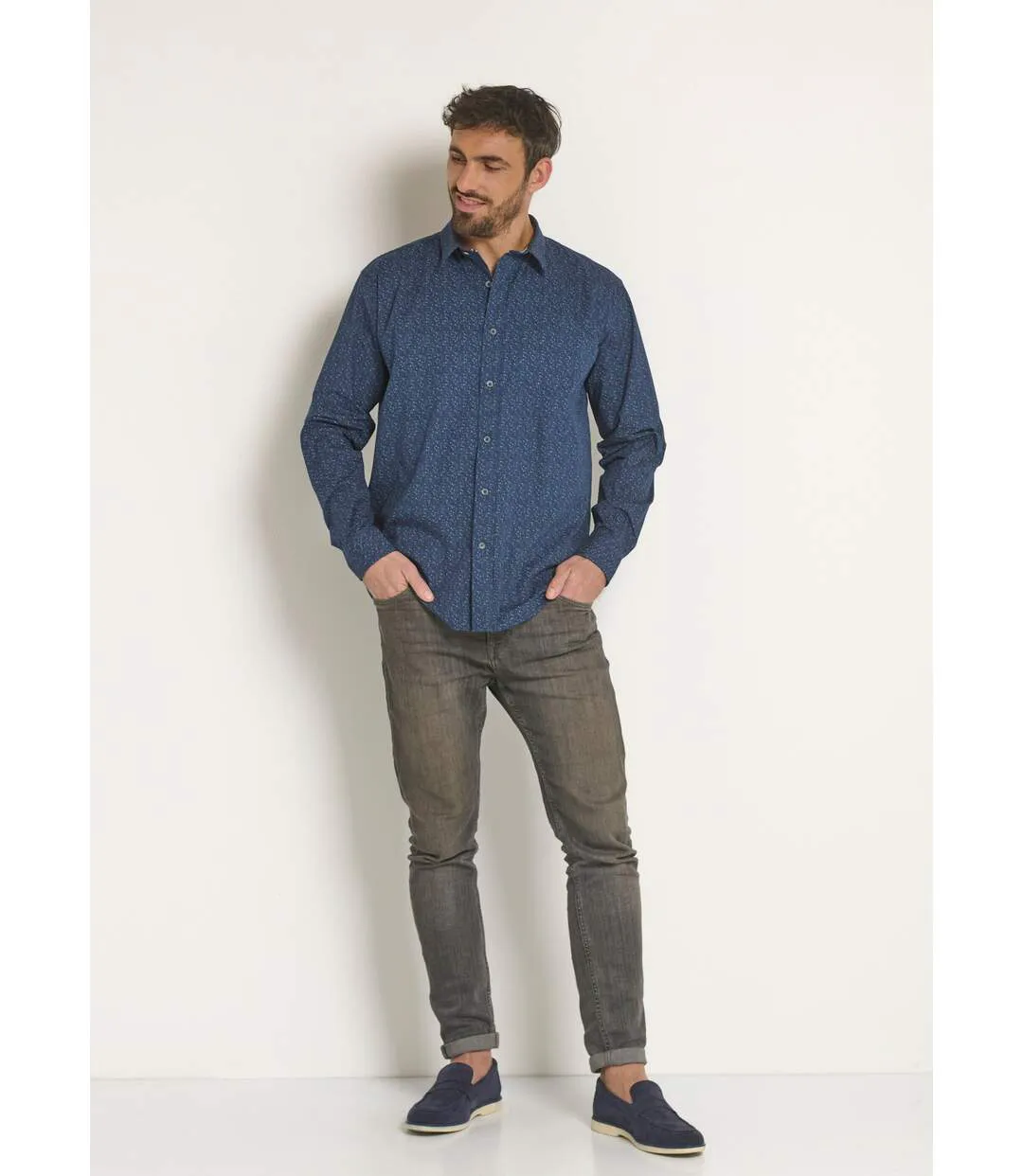 Chemise coton micro motif manches longues-3
