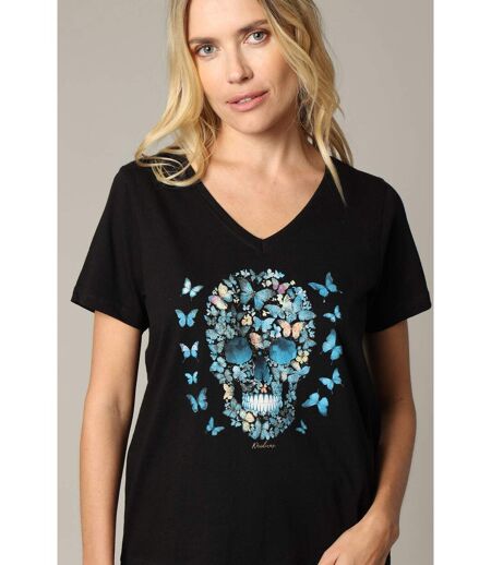 T-shirt femme 100% coton à manches courtes et col V avec motif imprimé glitter BUTTERSKULL