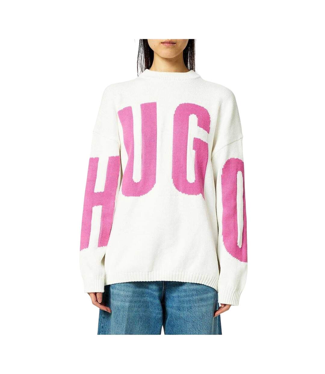 Womens/ladies Crew Neck Relaxed Fit Long-sleeved Jumper Natural Hugo-3