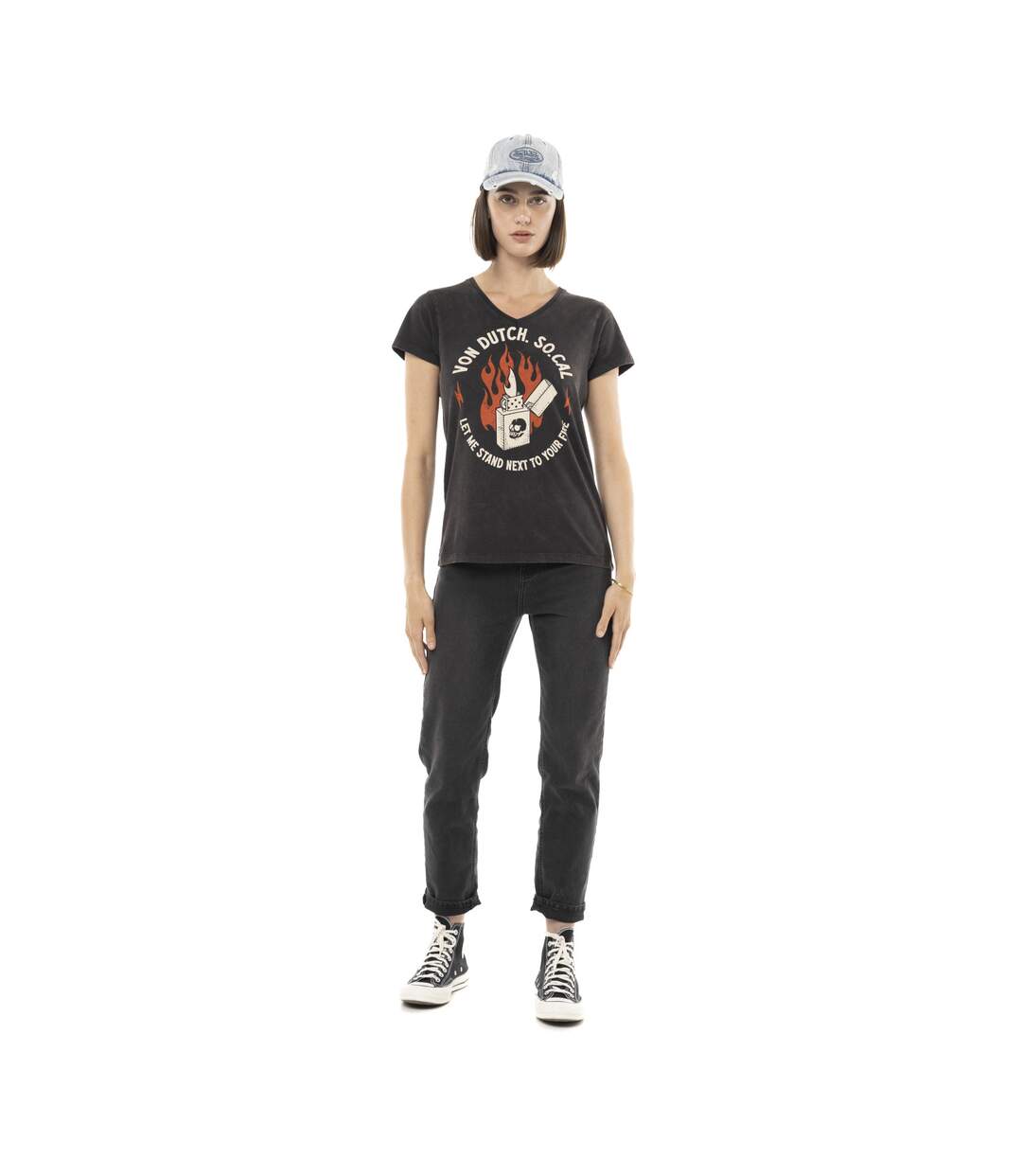 T-shirt femme uni col V avec print devant Fire Vondutch-4