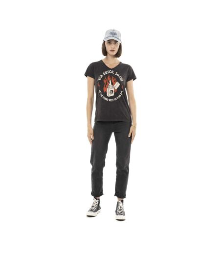 T-shirt femme uni col V avec print devant Fire Vondutch
