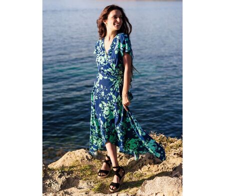 Robe longue viscose SAKURA imprimé marine et turquoise Coton Du Monde