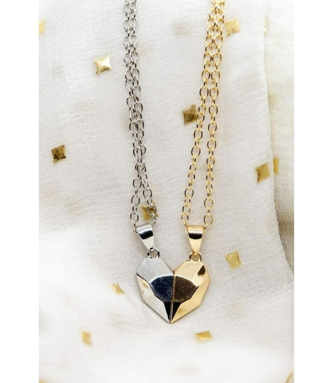 2 Pcs Heart Magnetic Silver Gold Couple Matching Pendant Necklace-1