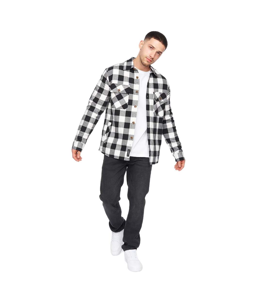 Mens Demaro Checked Lined Overshirt Black White Crosshatch-1