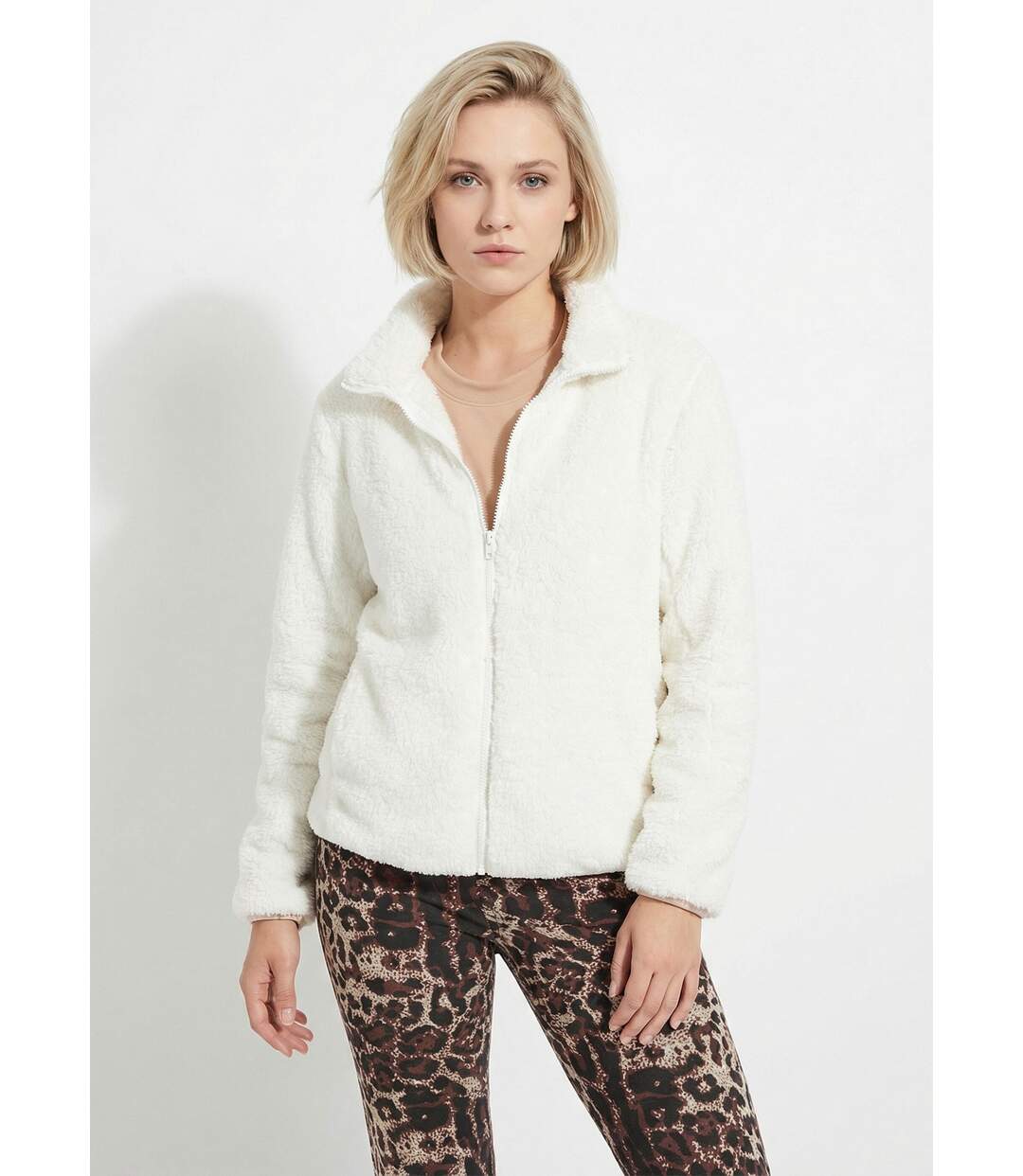 Veste fausse fourrure col montant manches longues-1