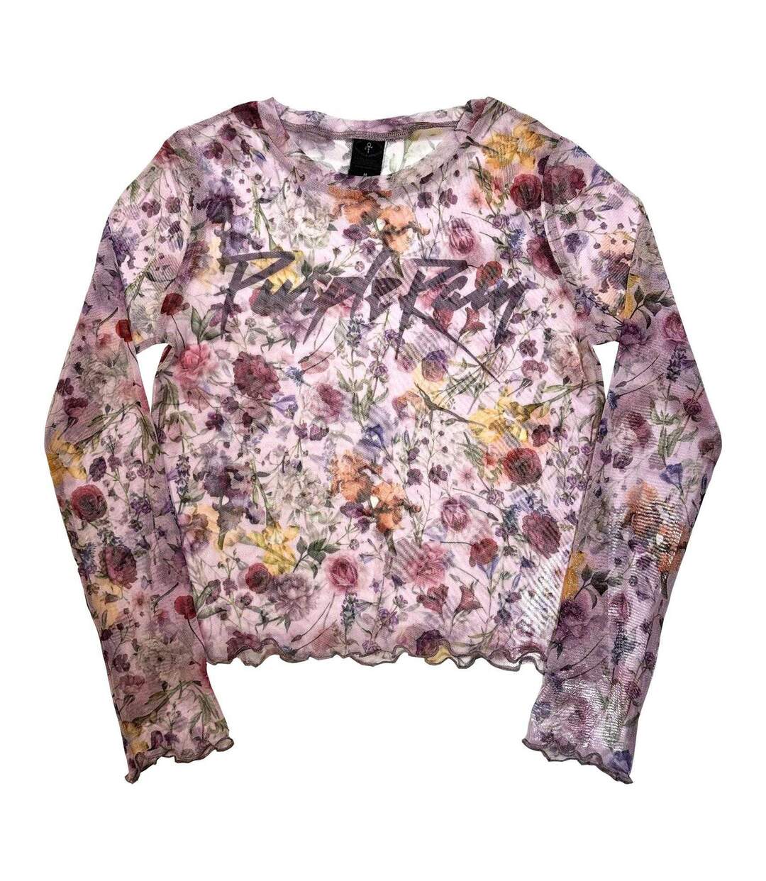 Womens/ladies Purple Rain Floral Mesh Logo Long-sleeved Crop Top Pink Prince-2