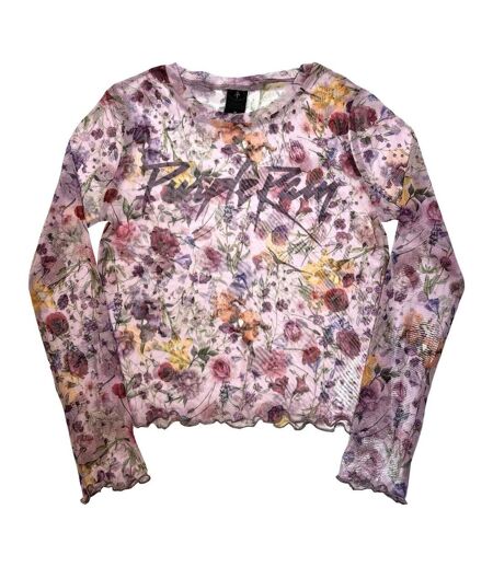 Womens/ladies Purple Rain Floral Mesh Logo Long-sleeved Crop Top Pink Prince