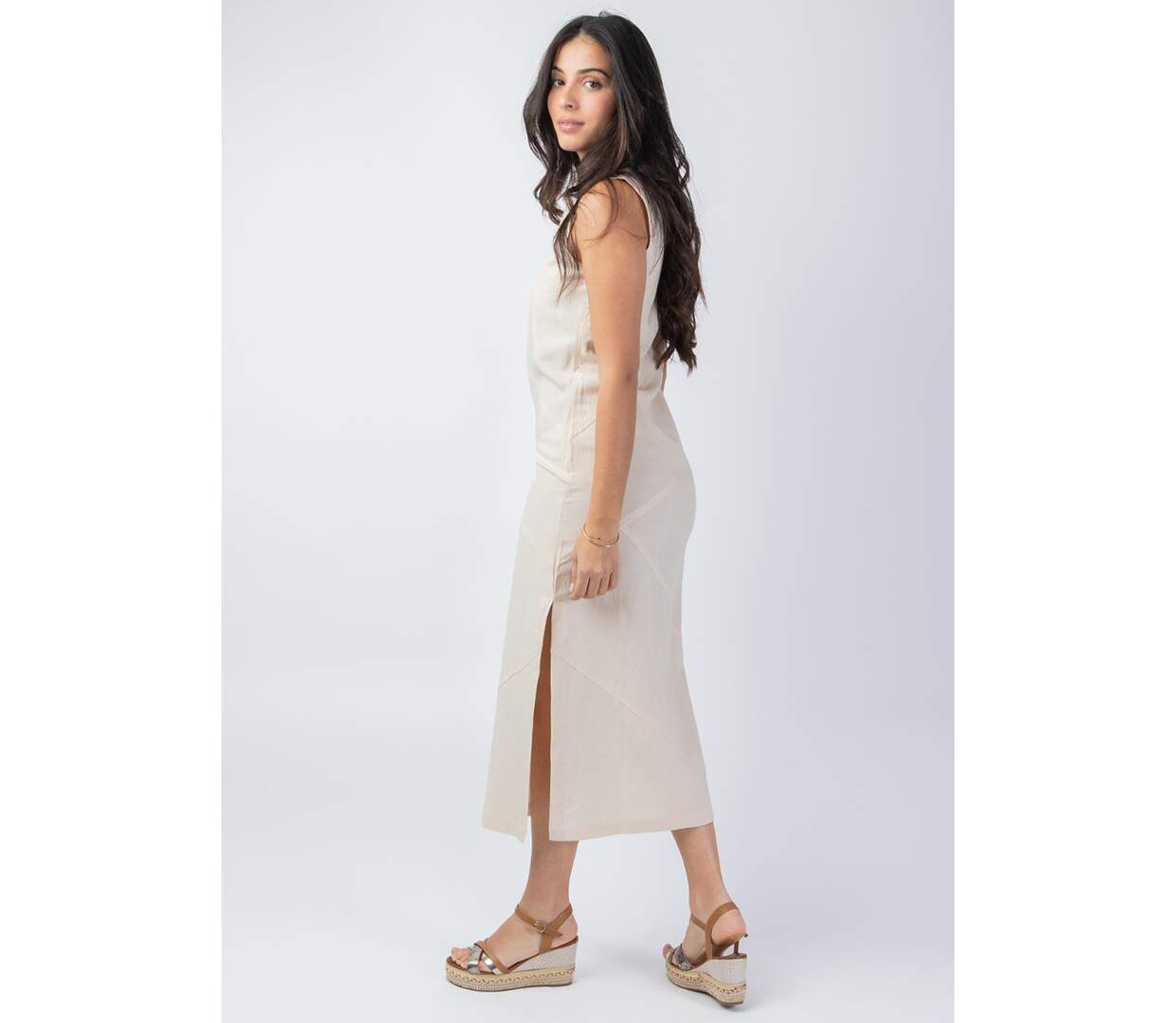 Robe longue sans manches CHARLINE unie beige Coton Du Monde-3