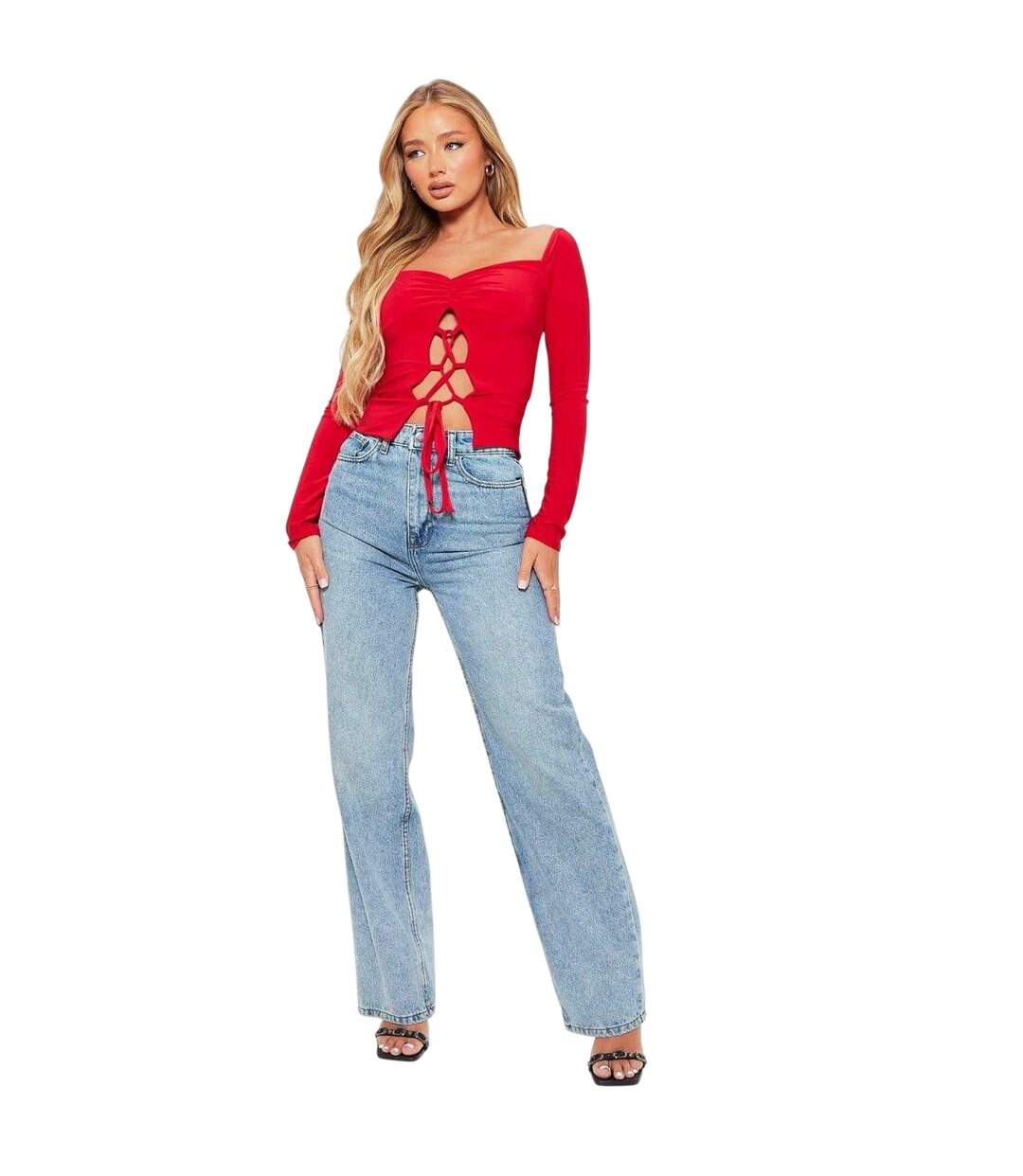 Womens/ladies Lace Up Double Layered Ruched Bust Crop Top Red I Saw It First-4