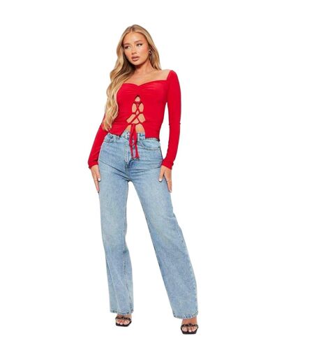Womens/ladies Lace Up Double Layered Ruched Bust Crop Top Red I Saw It First