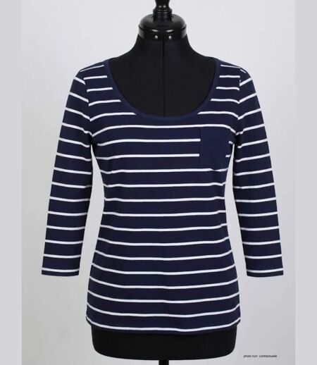MAYFLOWER DARCY1 - Tee-shirt manches 3/4 marine à rayures blanches : le chic marin stretch