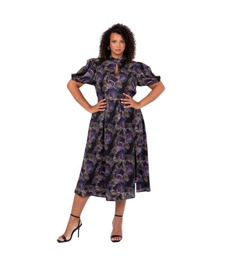 Womens/ladies Keyhole Regular Puff Sleeve Midi Dress Multicoloured Print Lovedrobe