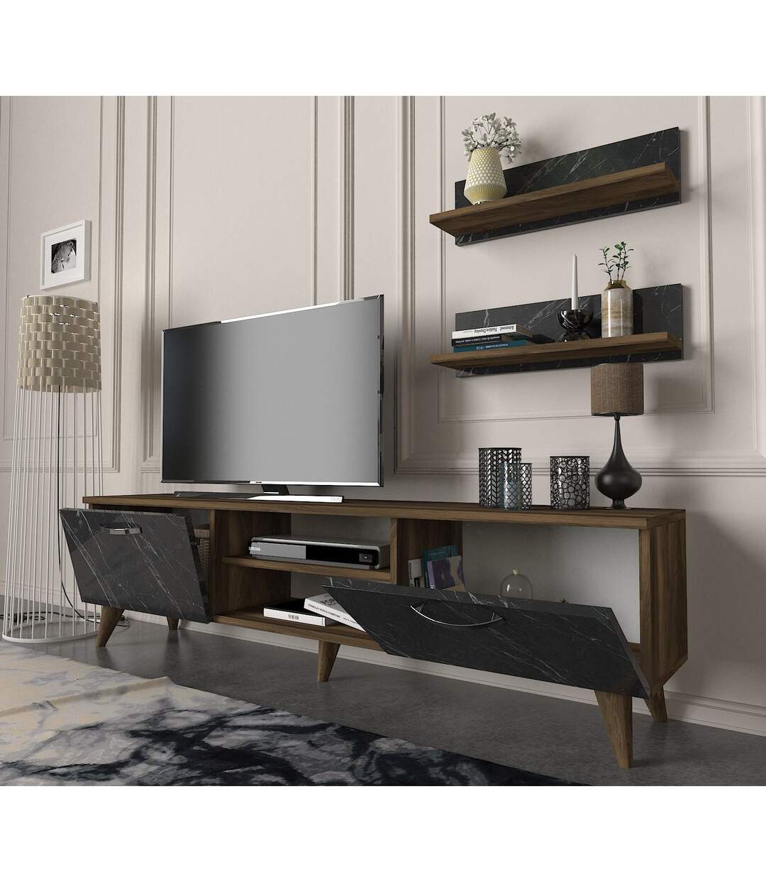 Meuble TV design marbré Ayden - L. 150 x H. 40 cm - Marron noix-4