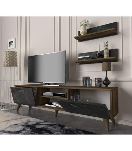 Meuble TV design marbré Ayden - L. 150 x H. 40 cm - Marron noix