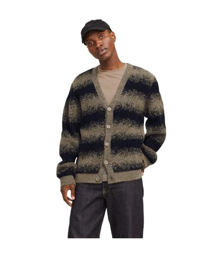 Mens Striped Chunky Knit Relaxed Fit Cardigan Greige Jack And Jones