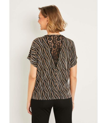 T-shirt court maille brillante jacquard dentelle