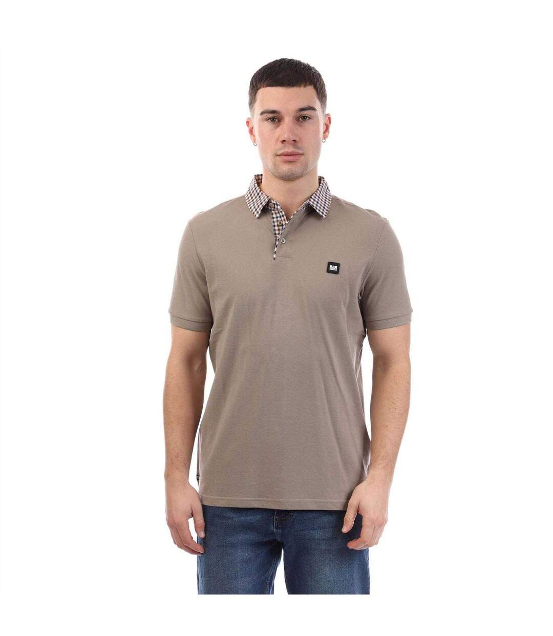 Mens Checked Collar Cotton Polo Shirt Stone Weekend Offender-2