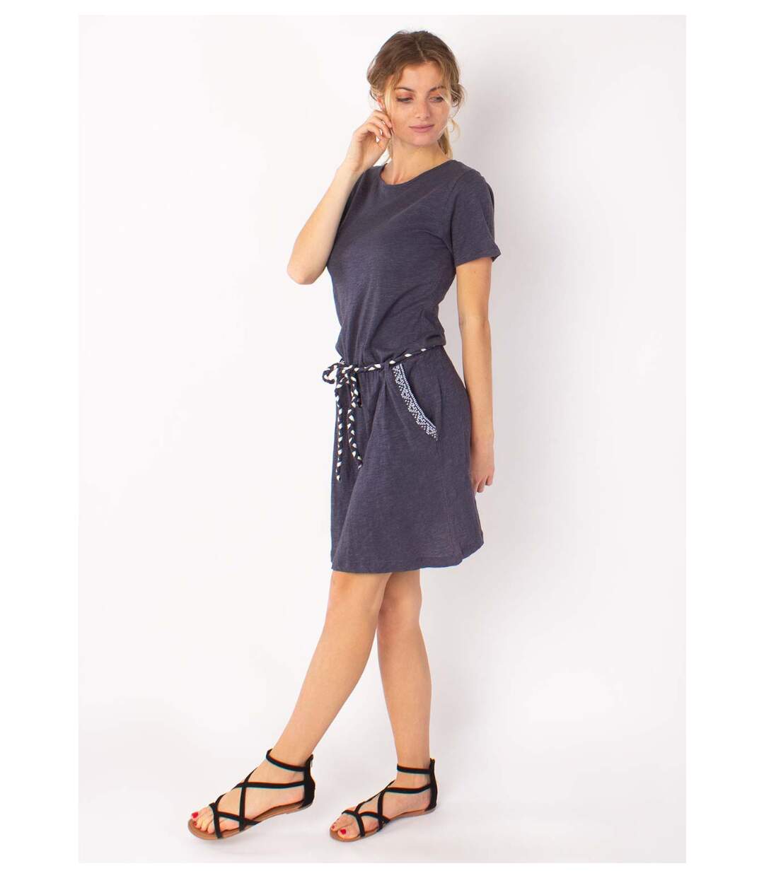 Robe courte casual en coton SIXTINE ethnique gris bleu Coton Du Monde