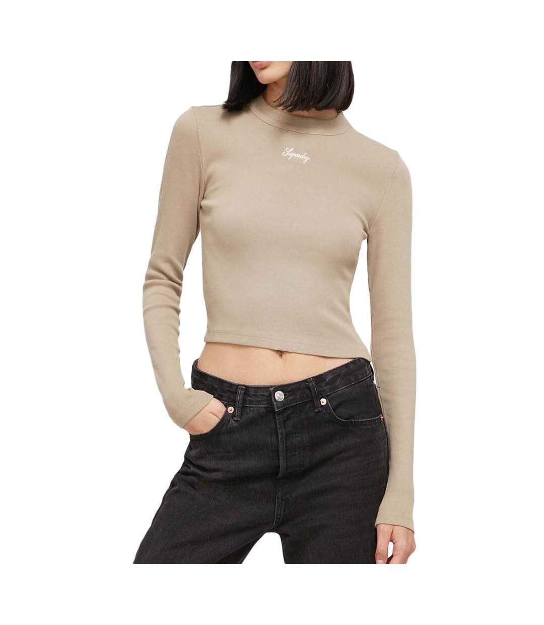 T-shirt Beige Femme Superdry Emb Fitted Top - L-1