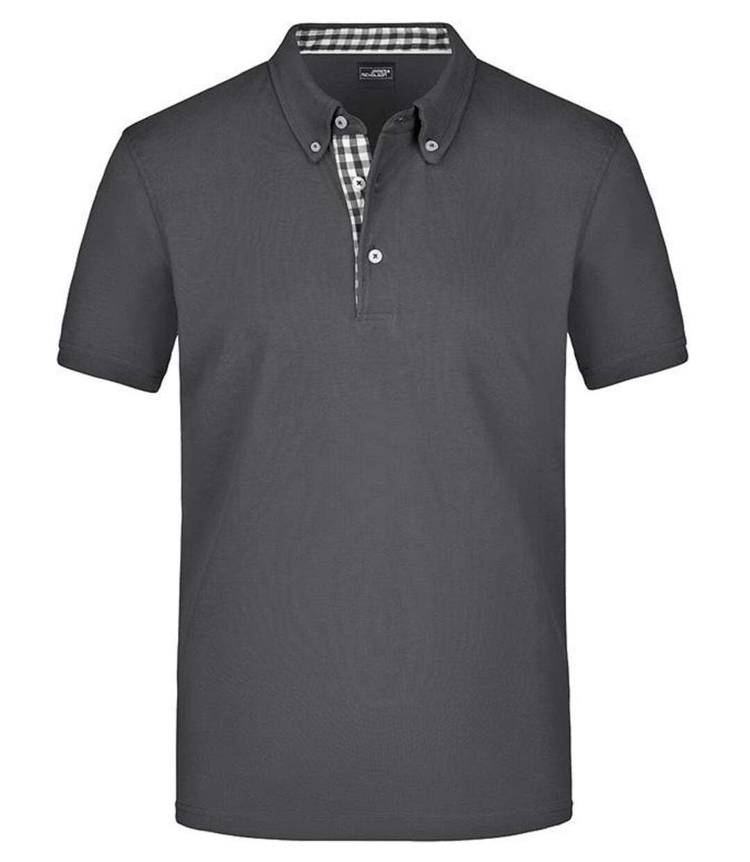 Polo inserts vichy HOMME JN964 - gris graphite col graphite-blanc