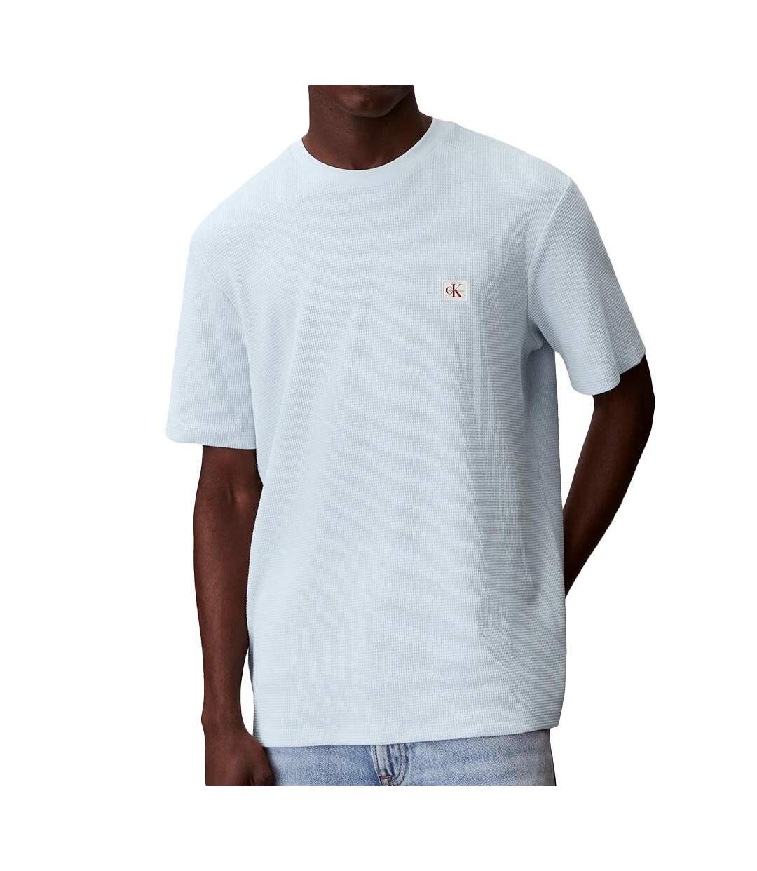 T-Shirt bleu pastel homme calvin klein jeans waffle badge-1