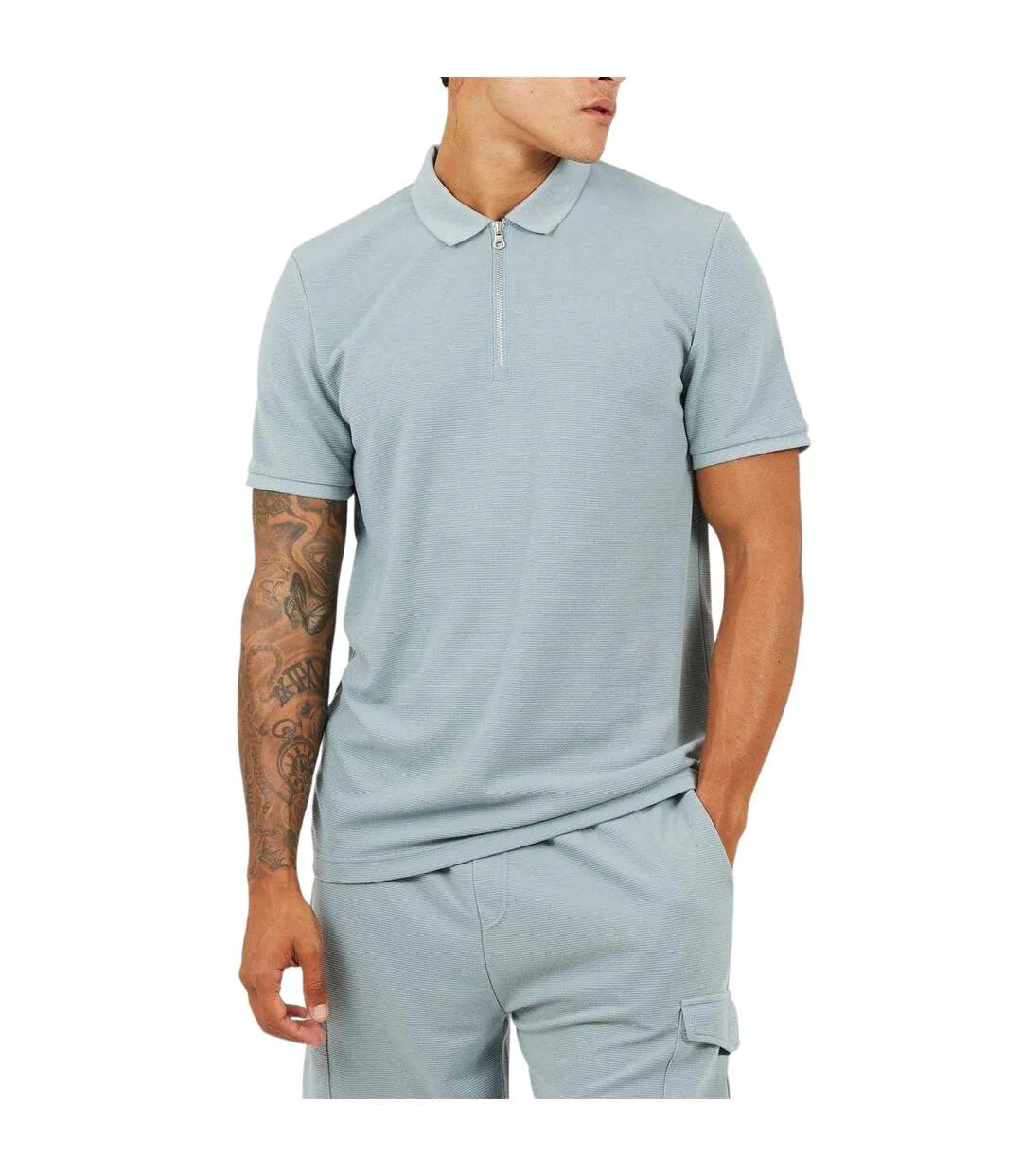 Mens Ribbed Quarter Zip Short-sleeved Polo Shirt Duck Egg Blue Brave Soul-2